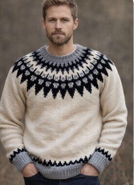 Lopi Icelandic Nordic handknit sweater white black blue vintage L  unisex